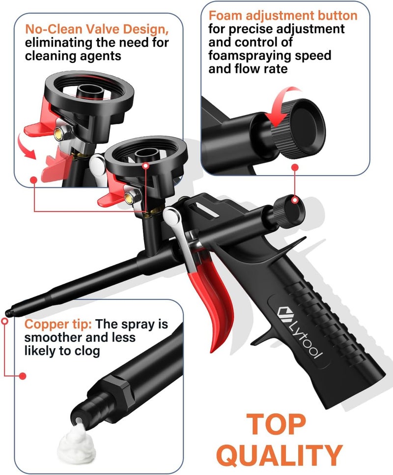 Lytool 2pcs Foam Gun, Expanding Foam Spray Gun with Extension Tube, PU Foam Gun Applicator, No-Clean Foam Spray Gun, Teflon Coated Foam Gun for Caulking Foam Gun, Gap Filler Spray Gun - Image 4